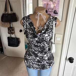 y2k 2000s leopard print cowl neck ruched tank top